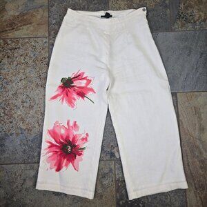 Silkland Size 10 100% Linen White Casual Pants Pink Floral Graphics Lined